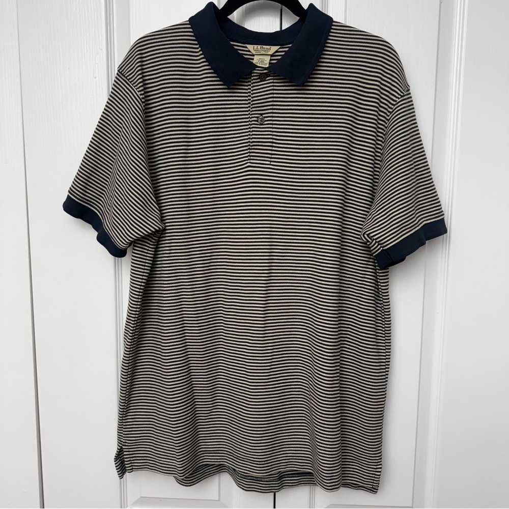 Vintage LL Bean Polo Shirt Mens Large Blue Striped Short Sleeve 100% Cotton